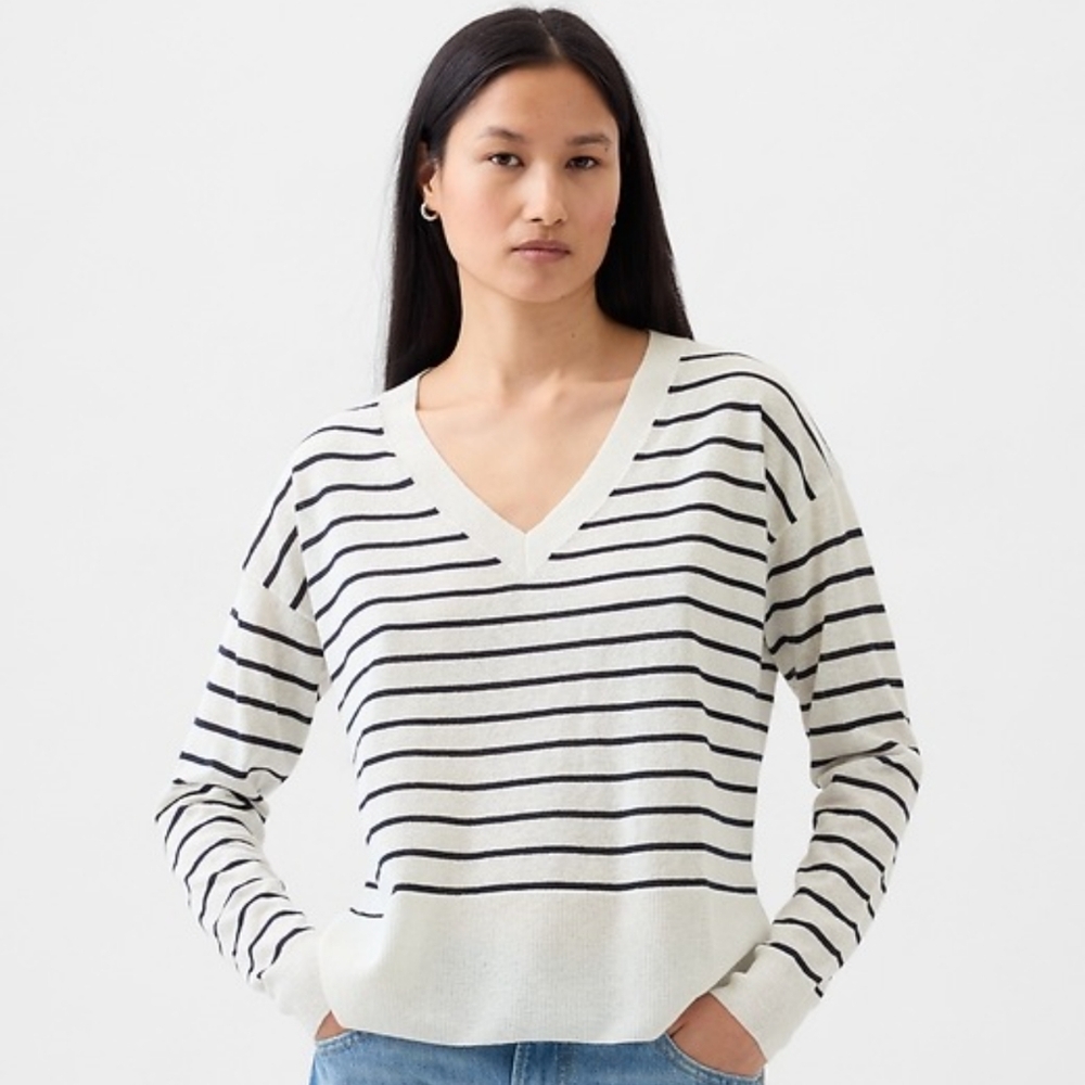 Gap Split-Hem Linen-Blend Sweater Navy/White Size XS NWT